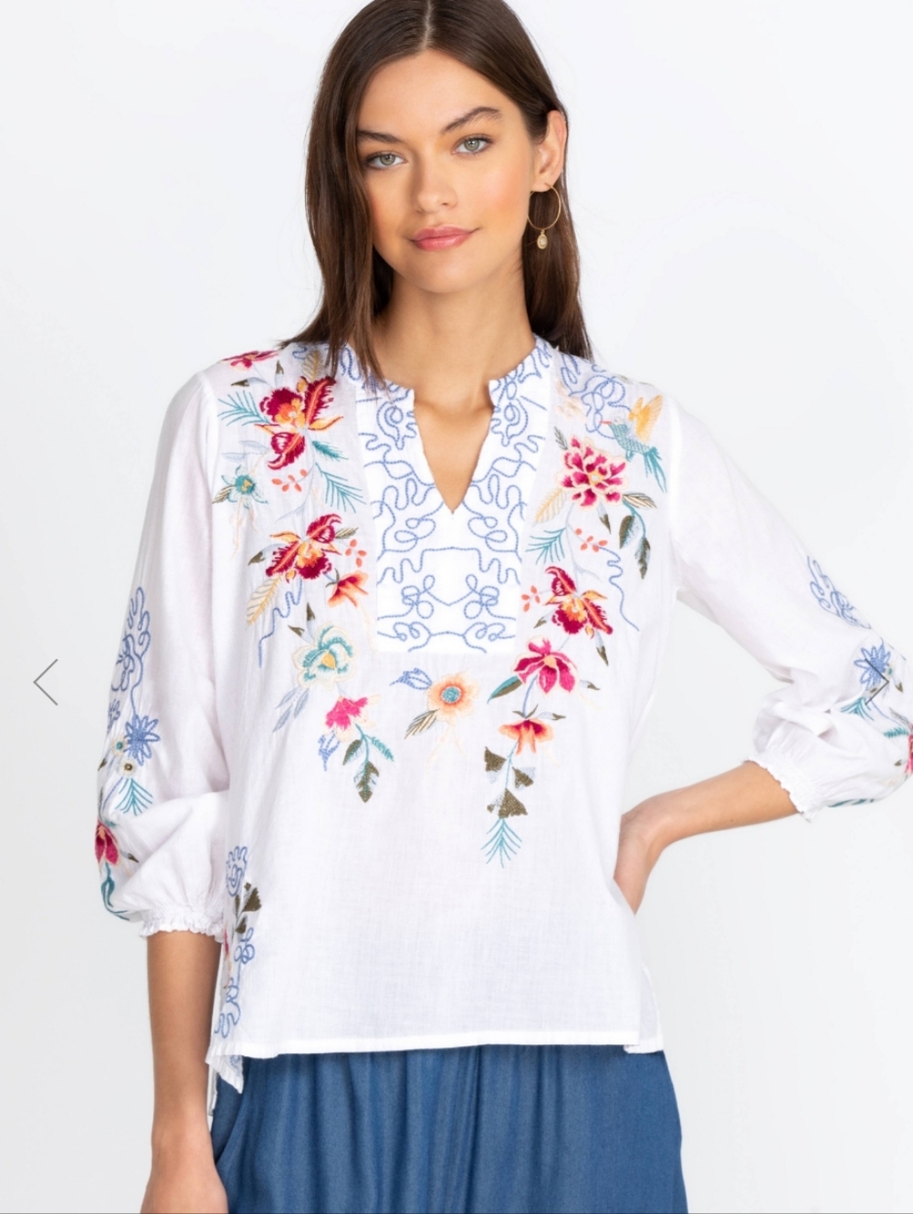 Johnny Was White Embroidered Floral Peasant Blouse